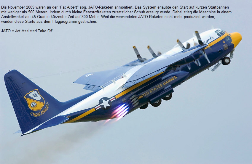 C-130 Hercules "Fat Albert":  Start mit mit 8 Hilfsraketen (JATO-Start)