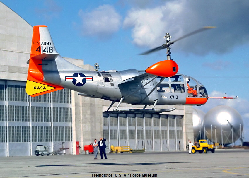 Bell Helicopter Textron XV-3 (Bell 200):  Das Kipprotor-Flugzeug starten mit nach oben ausgerichteten Rotoren wie ein Hubschrauber und kippt dann die Rotoren um 90 Grad zum Horizontalflug