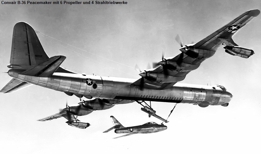 Republic YRF-84F Ficon: Prototyp der F-84 Thunderstreak sollte als Begleitjäger unter dem Rumpf des Bombers Convair B-36 Peacemaker mitgeführt werden