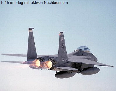 F-15 im Flug mit aktiven Nachbrennern