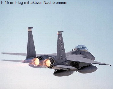 F-15 im Flug mit aktiven Nachbrennern