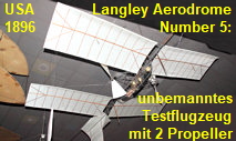 Langley Aerodrome Number 5: Das unbemannte Erprobungsflugzeug von 1896 wurde durch 2 Propeller angetrieben