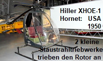 Hiller XHOE-1 Hornet: Zwei kleine Staustrahltriebwerke an den Rotorspitzen trieben den Propeller an und sparten Gewicht, weil kein Motor und Getriebe erforderlich waren