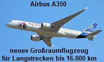 Airbus A350: neues zweistrahliges Großraumflugzeug von Airbus für Langstrecken bis ca. 16.000 km