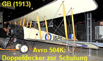 Avro 504K: zweisitziges Doppeldecker zur Schulung von Piloten des britischen Herstellers Avro